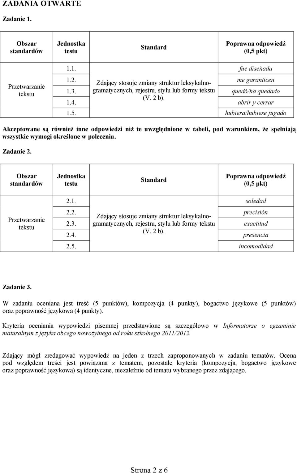 hubiera/hubiese jugado Akceptowane są również inne odpowiedzi niż te uwzględnione w tabeli, pod warunkiem, że spełniają wszystkie wymogi określone w poleceniu. Zadanie 2.