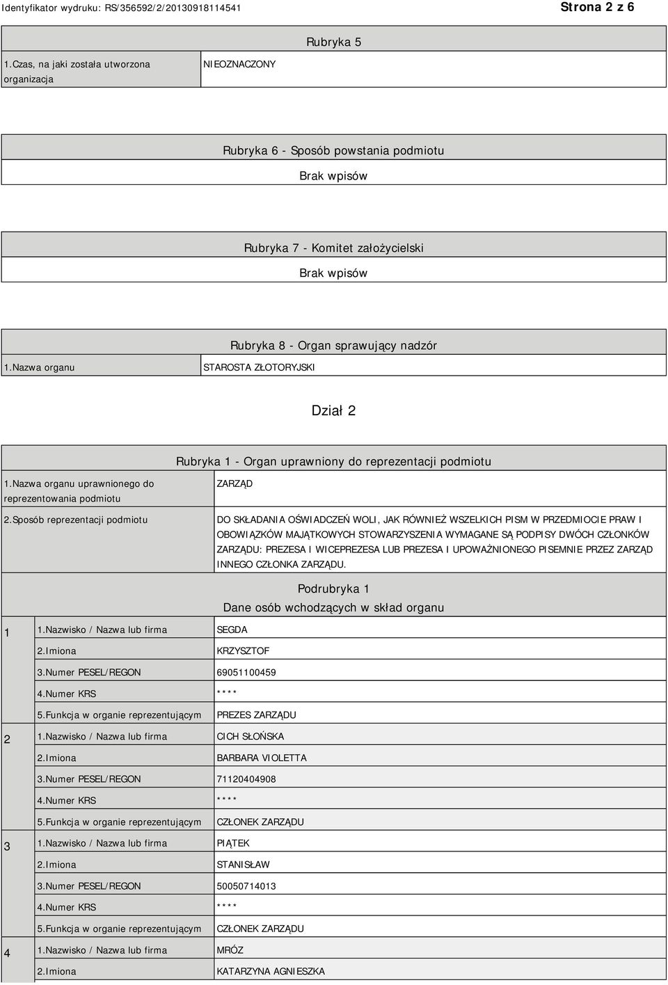 Sposób reprezentacji podmiotu ZARZĄD DO SKŁADANIA OŚWIADCZEŃ WOLI, JAK RÓWNIEŻ WSZELKICH PISM W PRZEDMIOCIE PRAW I OBOWIĄZKÓW MAJĄTKOWYCH STOWARZYSZENIA WYMAGANE SĄ PODPISY DWÓCH CZŁONKÓW ZARZĄDU: