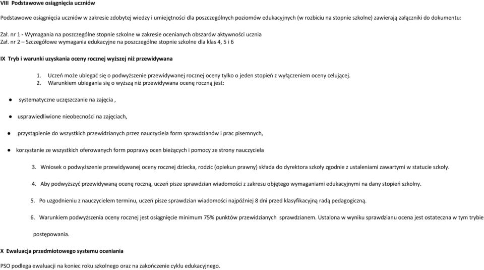 nr 2 Szczegółowe wymagania edukacyjne na poszczególne stopnie szkolne dla klas 4, 5 i 6 IX Tryb i warunki uzyskania oceny rocznej wyższej niż przewidywana 1.