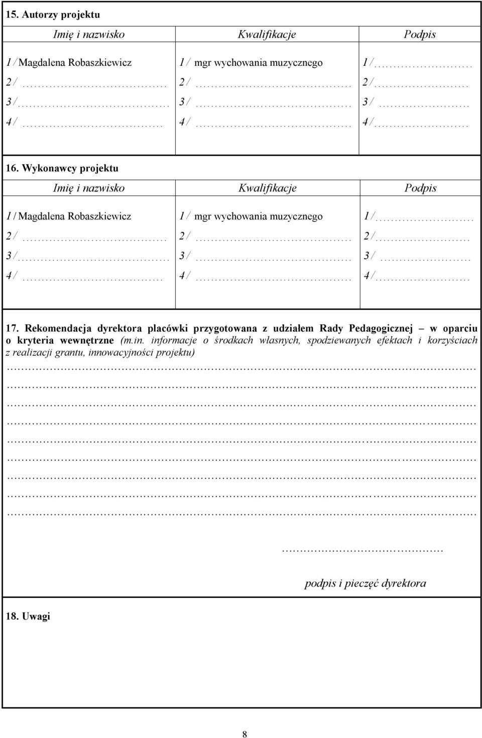 Wykonawcy projektu Imię i nazwisko Kwalifikacje Podpis 1 / Magdalena Robaszkiewicz 2 /...................................... 3 /........................................ 4 /.