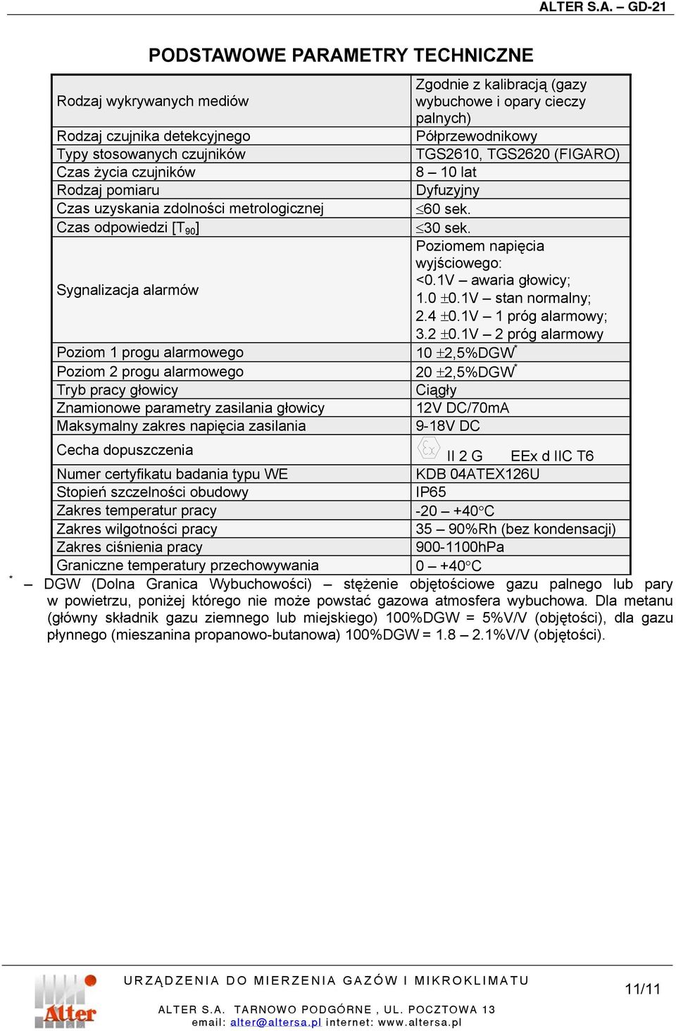 Poziomem napięcia wyjściowego: <0.1V awaria głowicy; 1.0 ±0.1V stan normalny; 2.4 ±0.1V 1 próg alarmowy; 3.2 ±0.