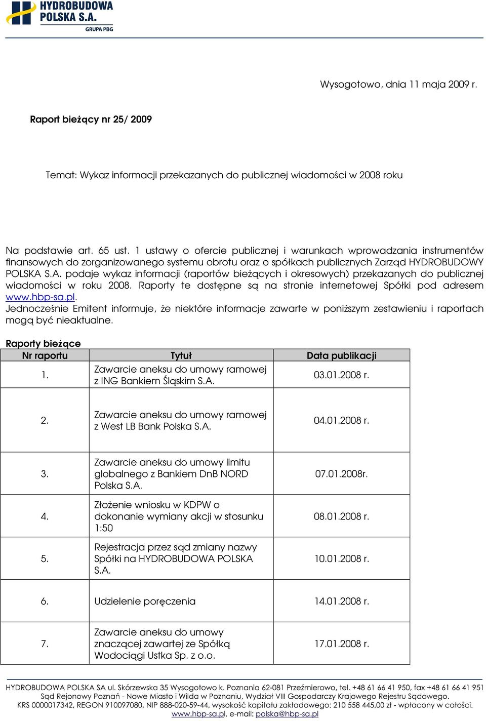 (raportów bieŝących i okresowych) przekazanych do publicznej wiadomości w roku 2008. Raporty te dostępne są na stronie internetowej Spółki pod adresem www.hbp-sa.pl.