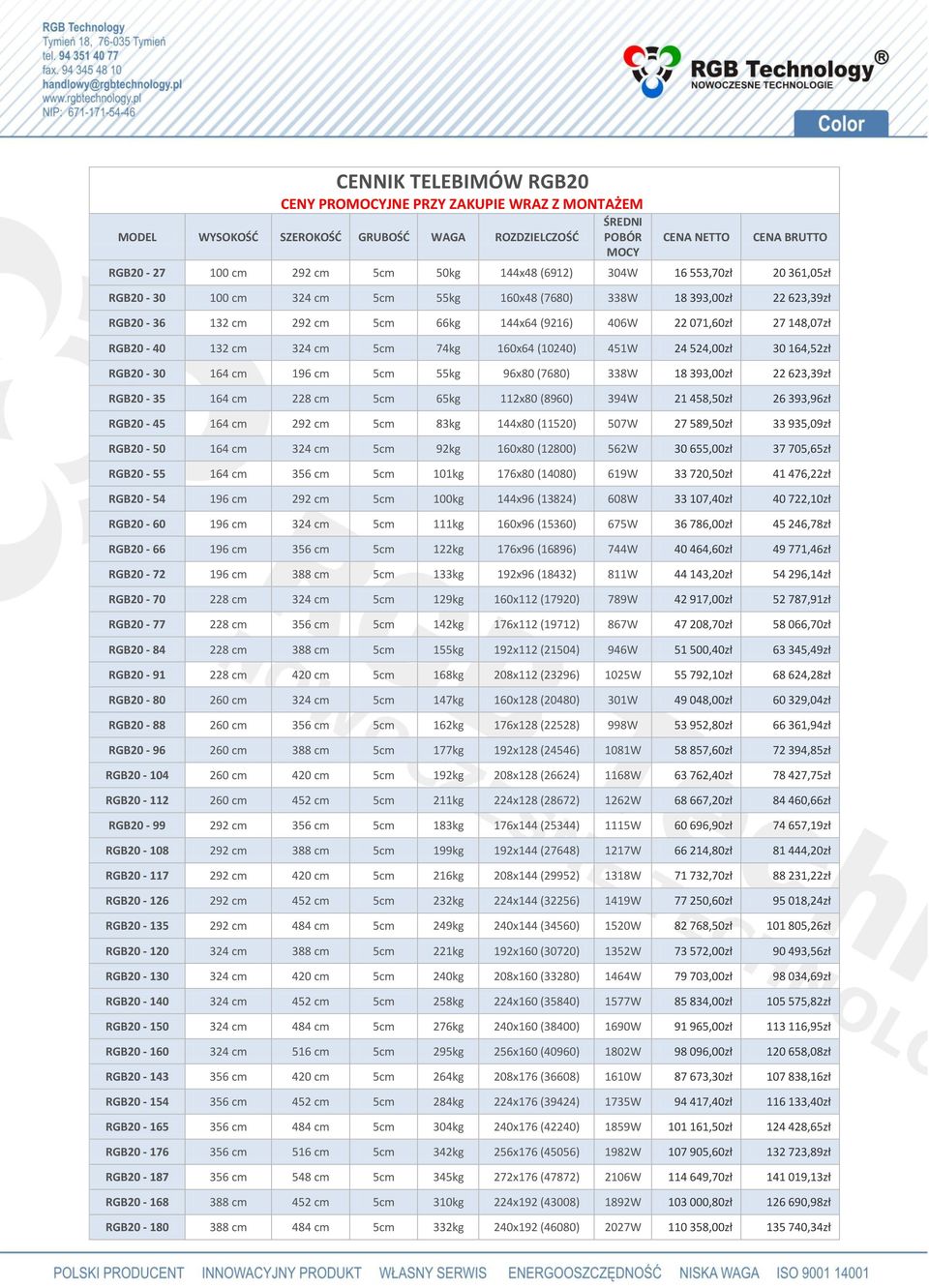 cm 324 cm 5cm 74kg 160x64 (10240) 451W 24 524,00zł 30 164,52zł RGB20-30 164 cm 196 cm 5cm 55kg 96x80 (7680) 338W 18 393,00zł 22 623,39zł RGB20-35 164 cm 228 cm 5cm 65kg 112x80 (8960) 394W 21 458,50zł