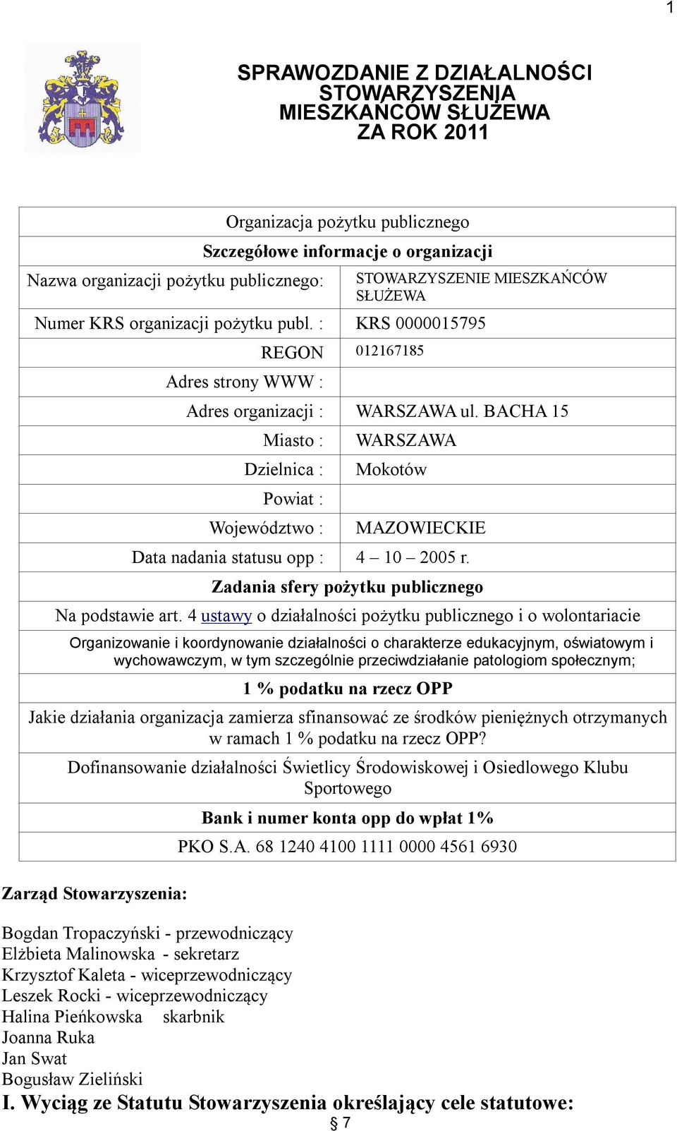 BACHA 15 Miast : Dzielnica : Pwiat : Wjewództw : WARSZAWA Mktów MAZOWIECKIE Data nadania statusu pp : 4 1 25 r. Zadania sfery pżytku publiczneg Na pdstawie art.