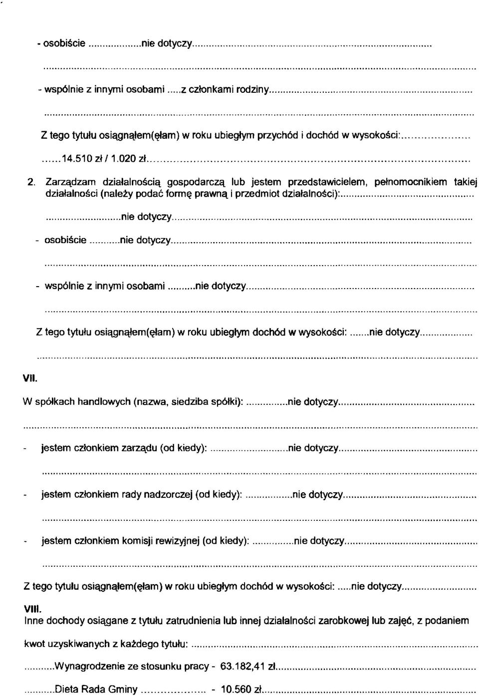 .. - osobiście... nie dotyczy... - wspólnie z innymi osobami... nie dotyczy. Z tego tytułu osiągnąłem (ęłam) w roku ubiegłym dochód w wysokości:... nie dotyczy. VII.