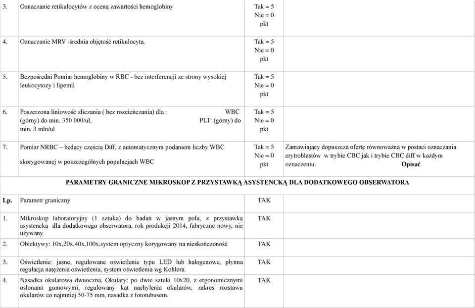 350 000/ul, PLT: (górny) do min. 3 mln/ul Tak = 5 Nie = 0 pkt 7.