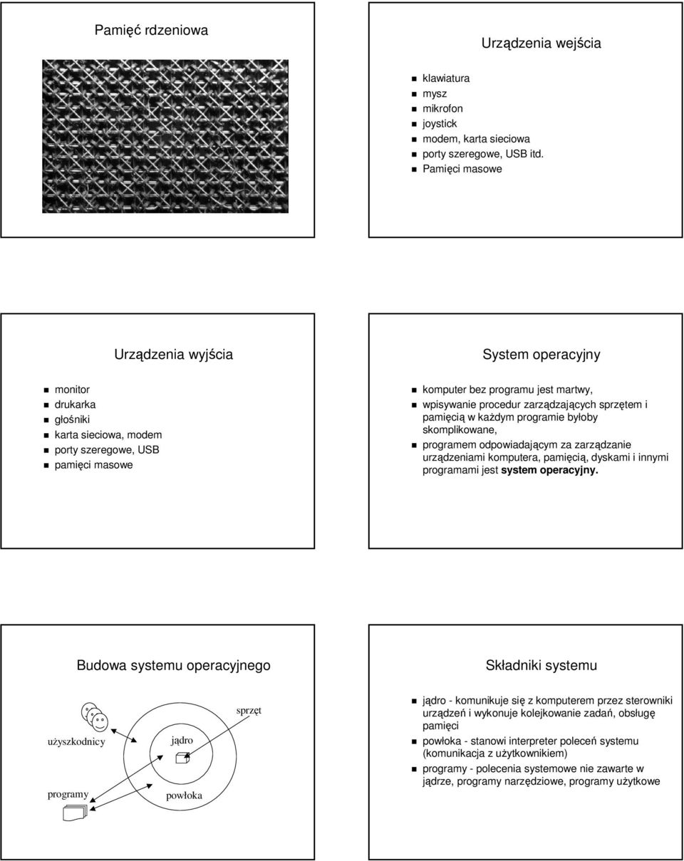 zarządzających sprzętem i pamięcią w każdym programie byłoby skomplikowane, programem odpowiadającym za zarządzanie urządzeniami komputera, pamięcią, dyskami i innymi programami jest system