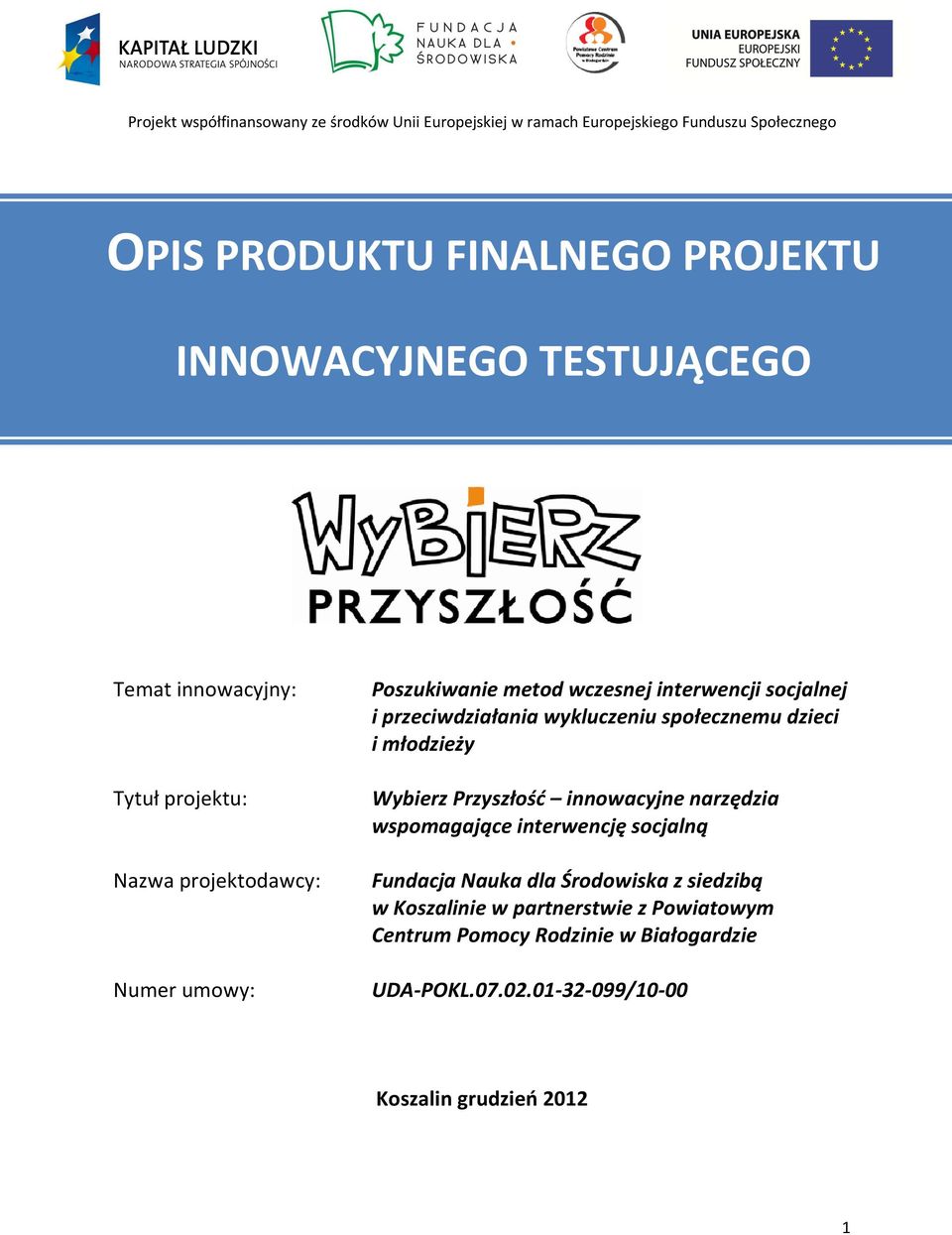 przeciwdziałania wykluczeniu społecznemu dzieci i młodzieży Wybierz Przyszłość innowacyjne narzędzia wspomagające interwencję socjalną Fundacja