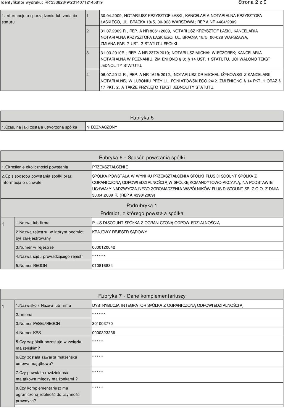 03.2010R.; REP. A NR 2372/2010; NOTARIUSZ MICHAŁ WIECZOREK; KANCELARIA NOTARIALNA W POZNANIU, ZMIENIONO 3; 14 UST. 1 STATUTU, UCHWALONO TEKST JEDNOLITY STATUTU. 4 06.07.2012 R., REP. A NR 1615/2012.