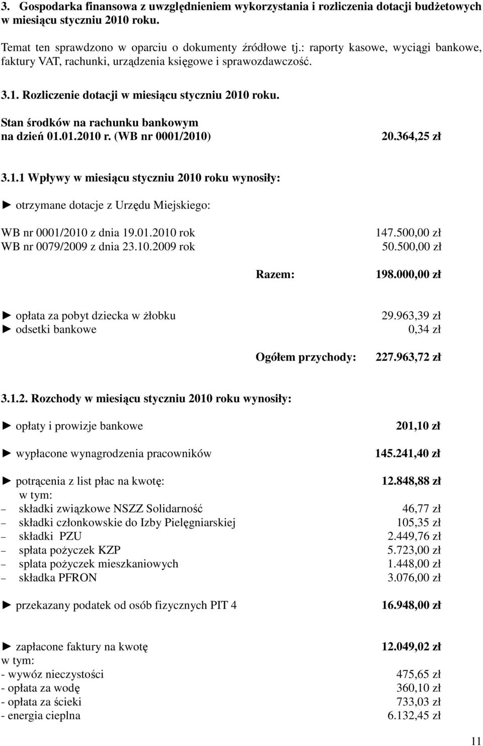 (WB nr 0001/2010) 20.364,25 zł 3.1.1 Wpływy w miesiącu styczniu 2010 wynosiły: otrzymane dotacje z Urzędu Miejskiego: WB nr 0001/2010 z dnia 19.01.2010 rok WB nr 0079/2009 z dnia 23.10.2009 rok 147.