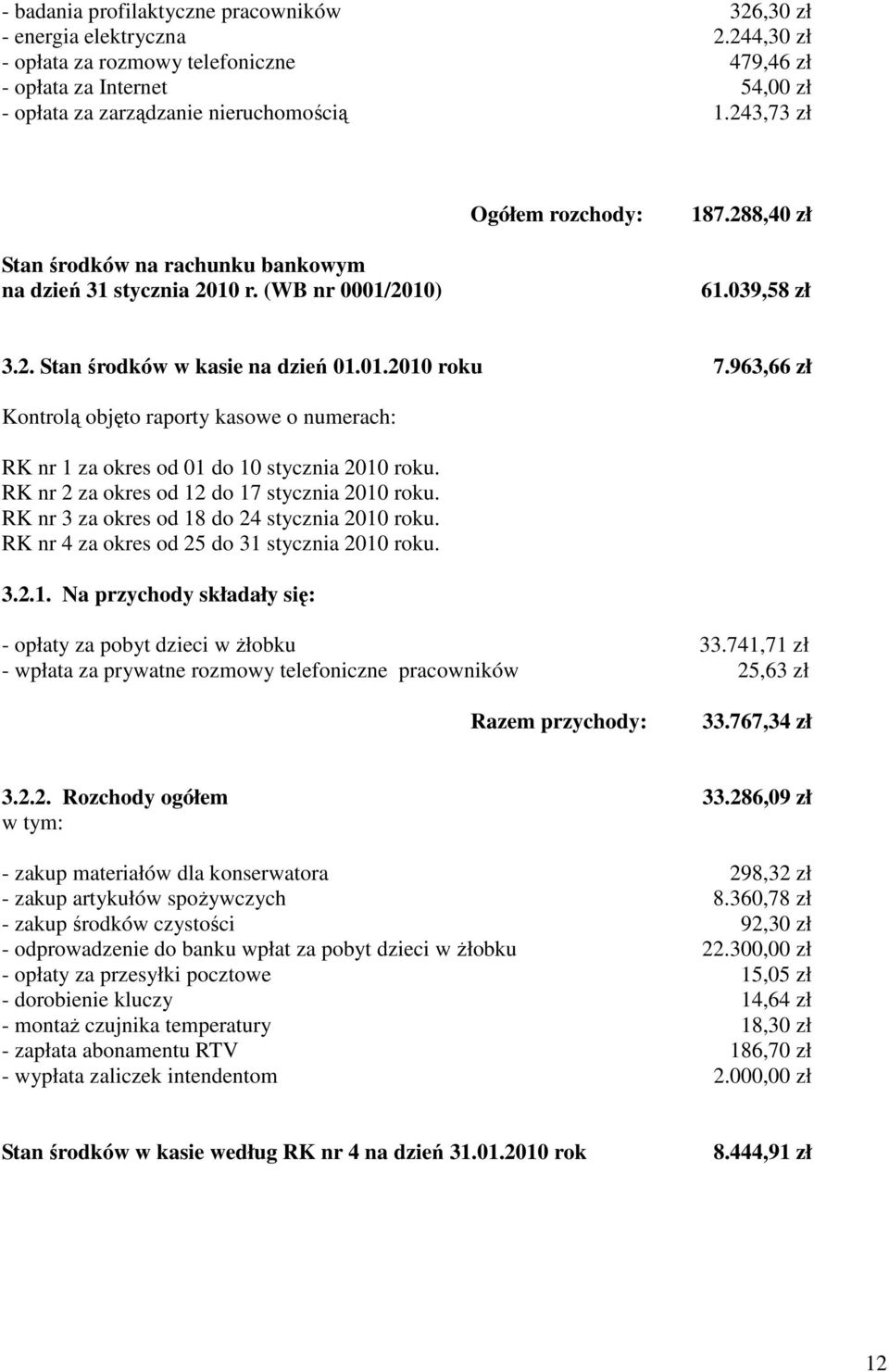 963,66 zł Kontrolą objęto raporty kasowe o numerach: RK nr 1 za okres od 01 do 10 stycznia 2010. RK nr 2 za okres od 12 do 17 stycznia 2010. RK nr 3 za okres od 18 do 24 stycznia 2010.