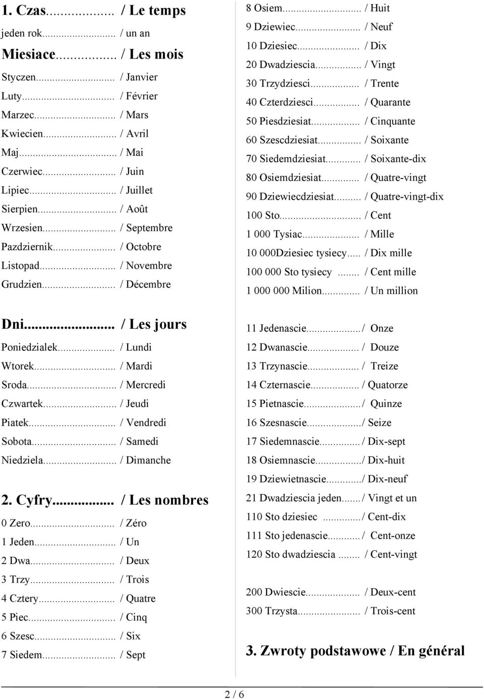 .. / Mercredi Czwartek... / Jeudi Piatek... / Vendredi Sobota... / Samedi Niedziela... / Dimanche 2. Cyfry... / Les nombres 0 Zero... / Zéro 1 Jeden... / Un 2 Dwa... / Deux 3 Trzy... / Trois 4 Cztery.