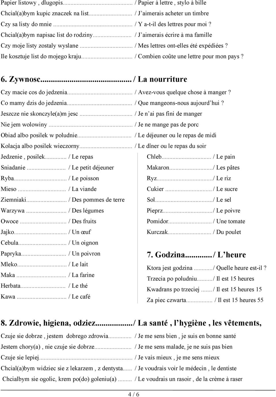 .. / Combien coûte une lettre pour mon pays? 6. Zywnosc... / La nourriture Czy macie cos do jedzenia... / Avez-vous quelque chose à manger? Co mamy dzis do jedzenia... / Que mangeons-nous aujourd hui?