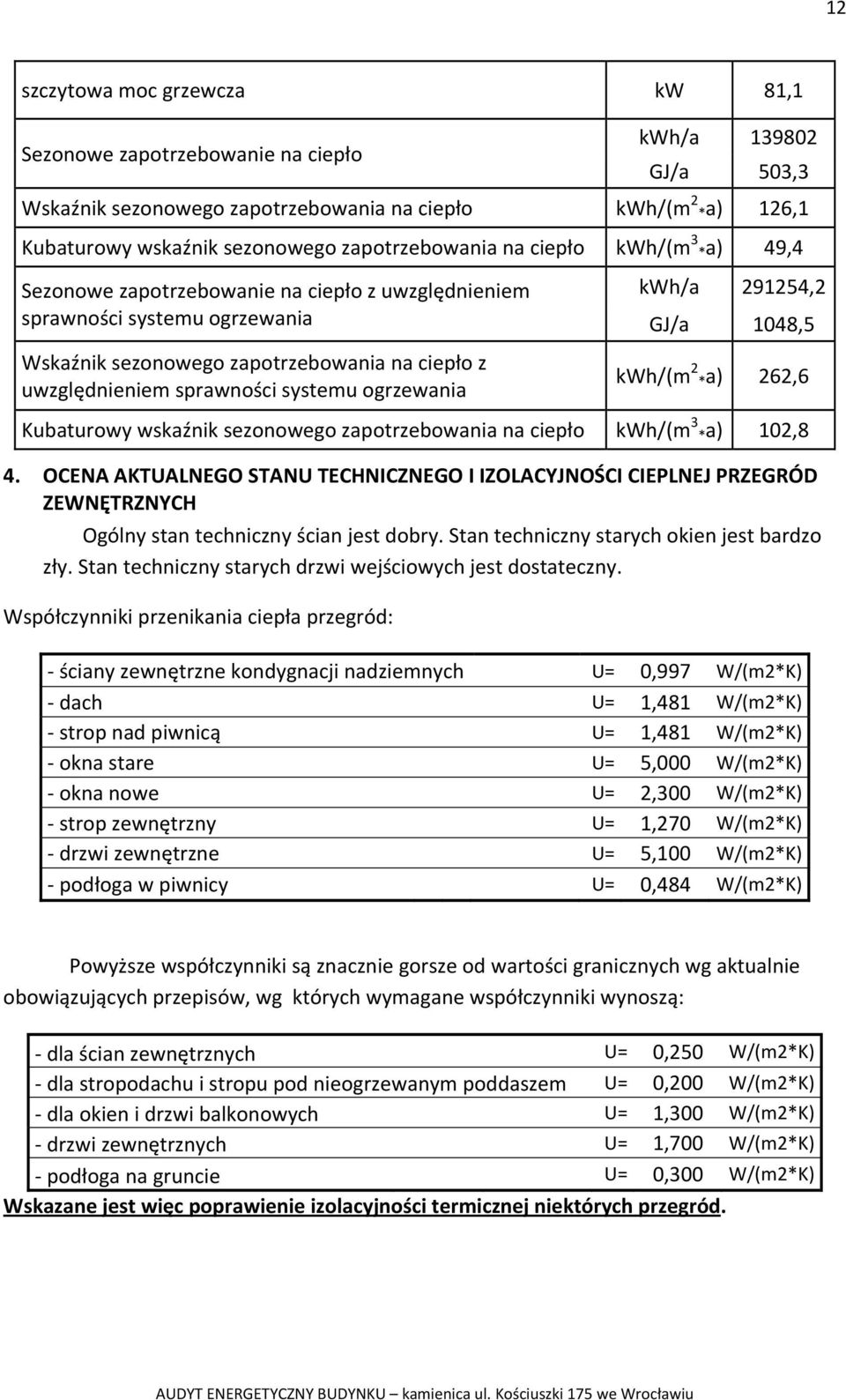 systemu ogrzewania kwh/a 291254,2 GJ/a 1048,5 kwh/(m 2 *a) 262,6 Kubaturowy wskaźnik sezonowego zapotrzebowania na ciepło kwh/(m 3 *a) 102,8 4.