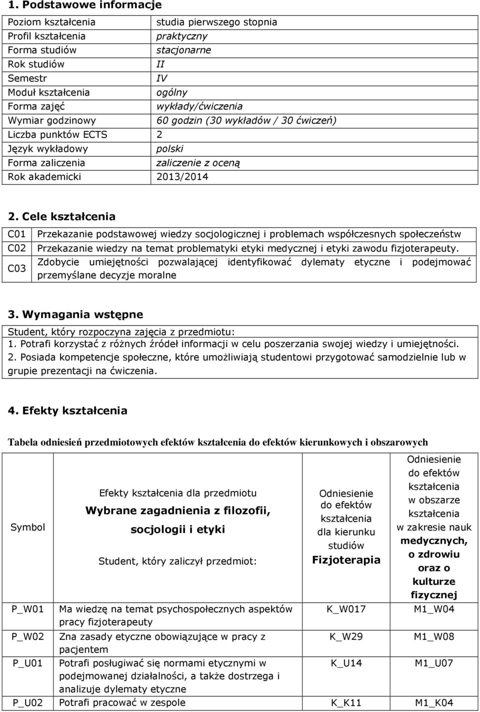 Cele C01 Przekazanie podstawowej wiedzy socjologicznej i problemach współczesnych społeczeństw C02 Przekazanie wiedzy na temat problematyki etyki medycznej i etyki zawodu.