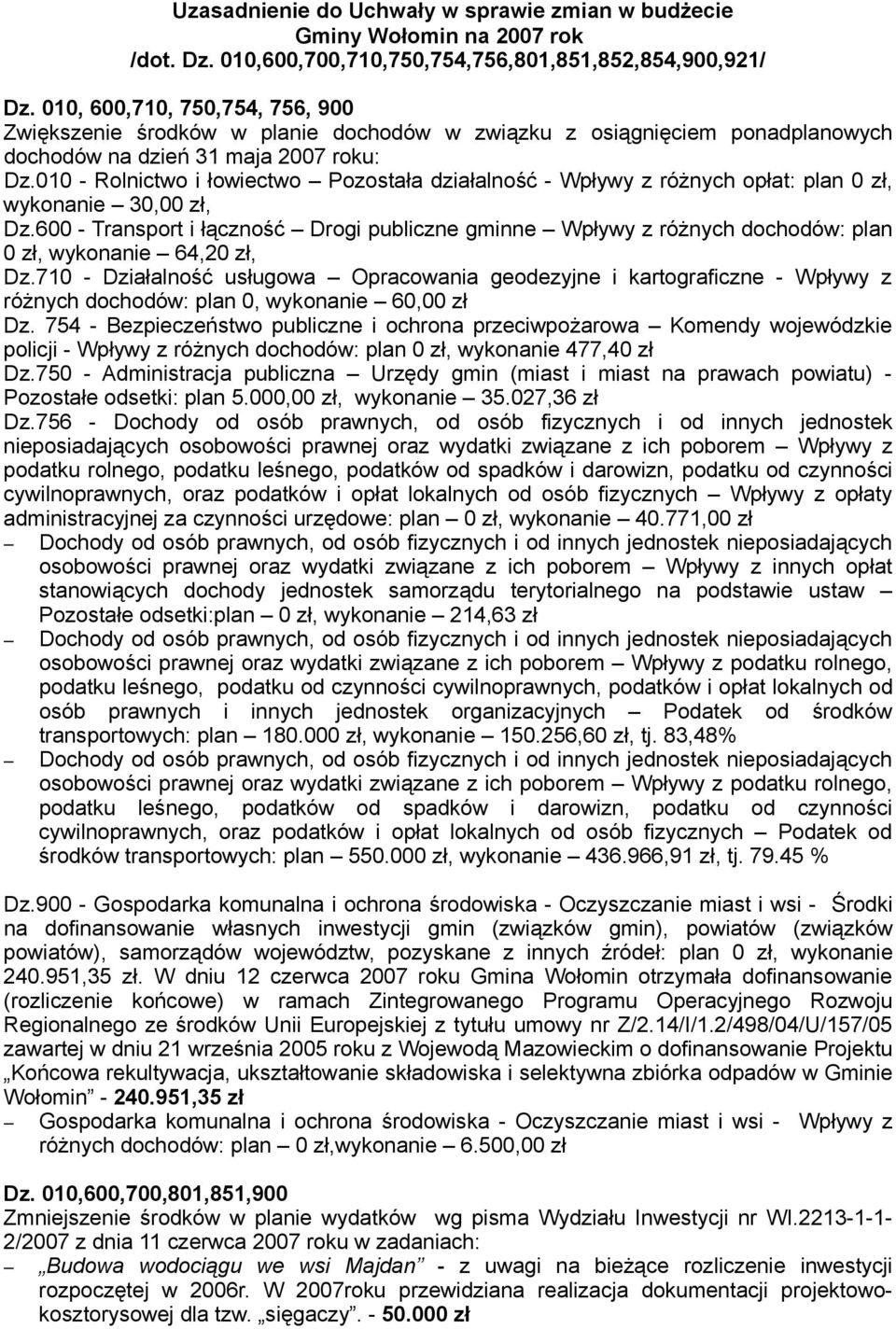010 - Rolnictwo i łowiectwo Pozostała działalność - Wpływy z różnych opłat: plan 0, wykonanie 30,00, Dz.