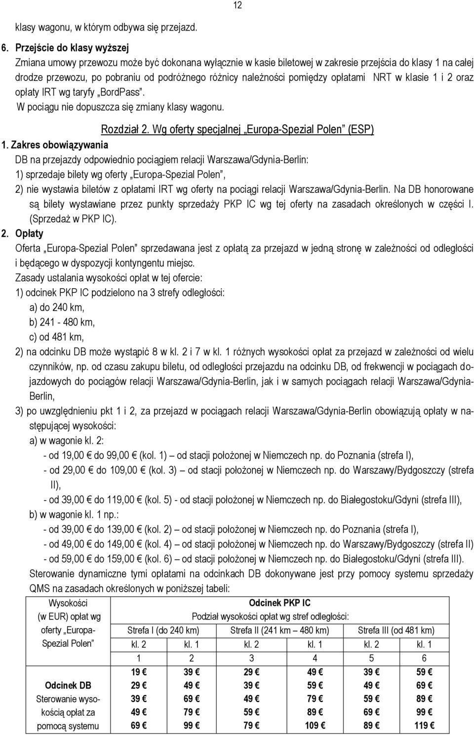 pomiędzy opłatami NRT w klasie 1 i 2 oraz opłaty IRT wg taryfy BordPass. W pociągu nie dopuszcza się zmiany klasy wagonu. Rozdział 2. Wg oferty specjalnej Europa-Spezial Polen (ESP) 1.