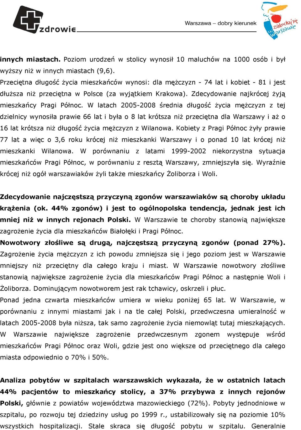 W latach 2005-2008 średnia długość życia mężczyzn z tej dzielnicy wynosiła prawie 66 lat i była o 8 lat krótsza niż przeciętna dla Warszawy i aż o 16 lat krótsza niż długość życia mężczyzn z Wilanowa.