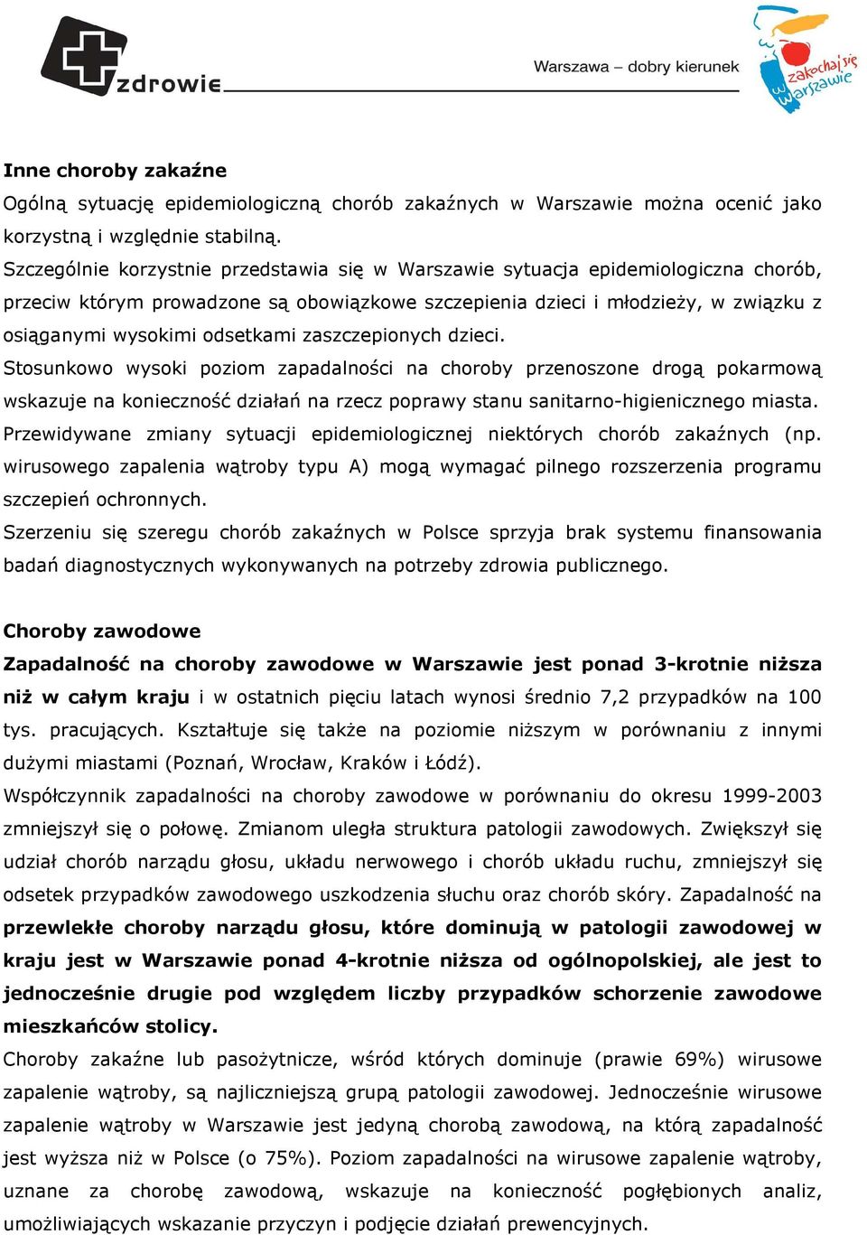 zaszczepionych dzieci. Stosunkowo wysoki poziom zapadalności na choroby przenoszone drogą pokarmową wskazuje na konieczność działań na rzecz poprawy stanu sanitarno-higienicznego miasta.