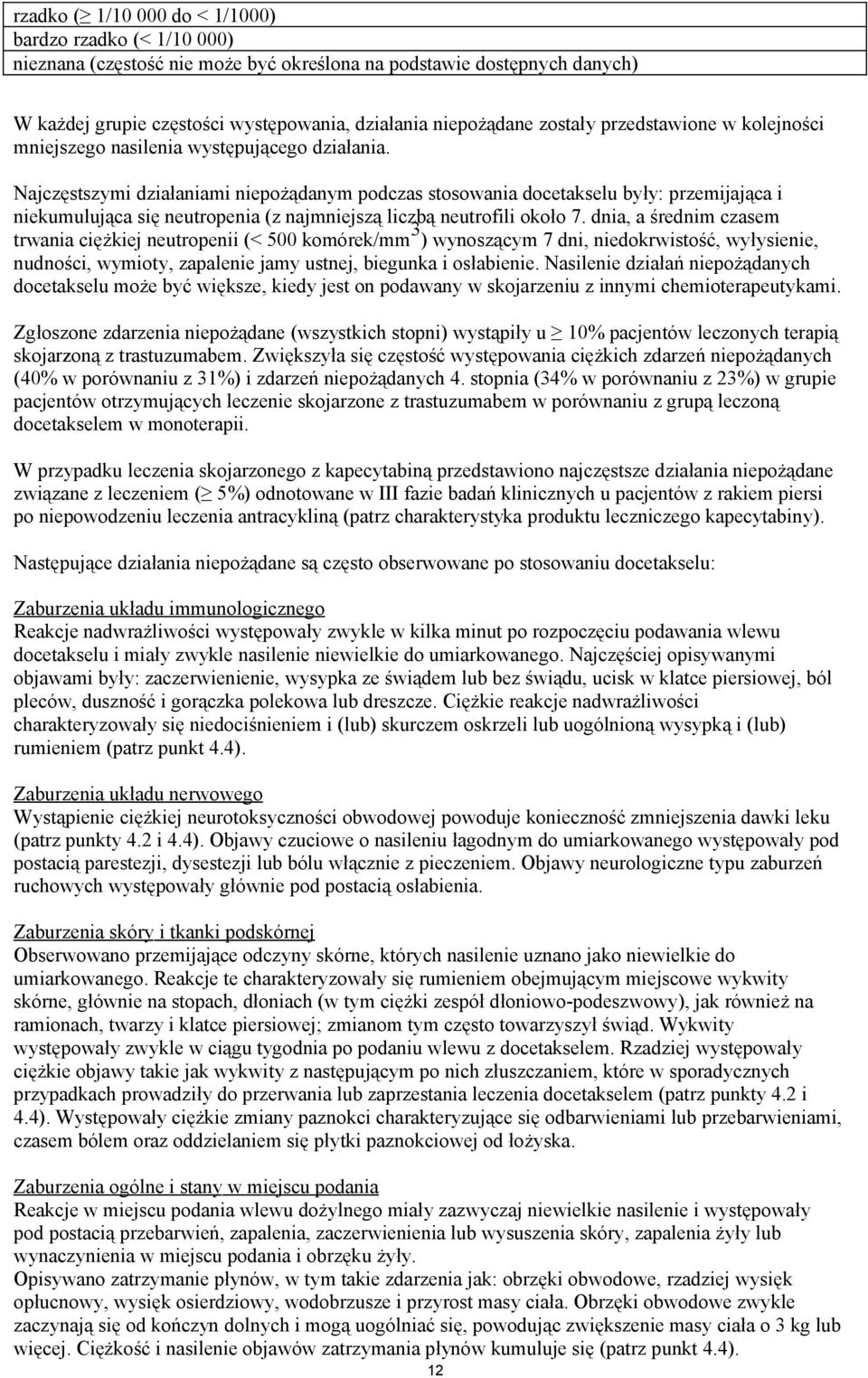 Najczęstszymi działaniami niepożądanym podczas stosowania docetakselu były: przemijająca i niekumulująca się neutropenia (z najmniejszą liczbą neutrofili około 7.