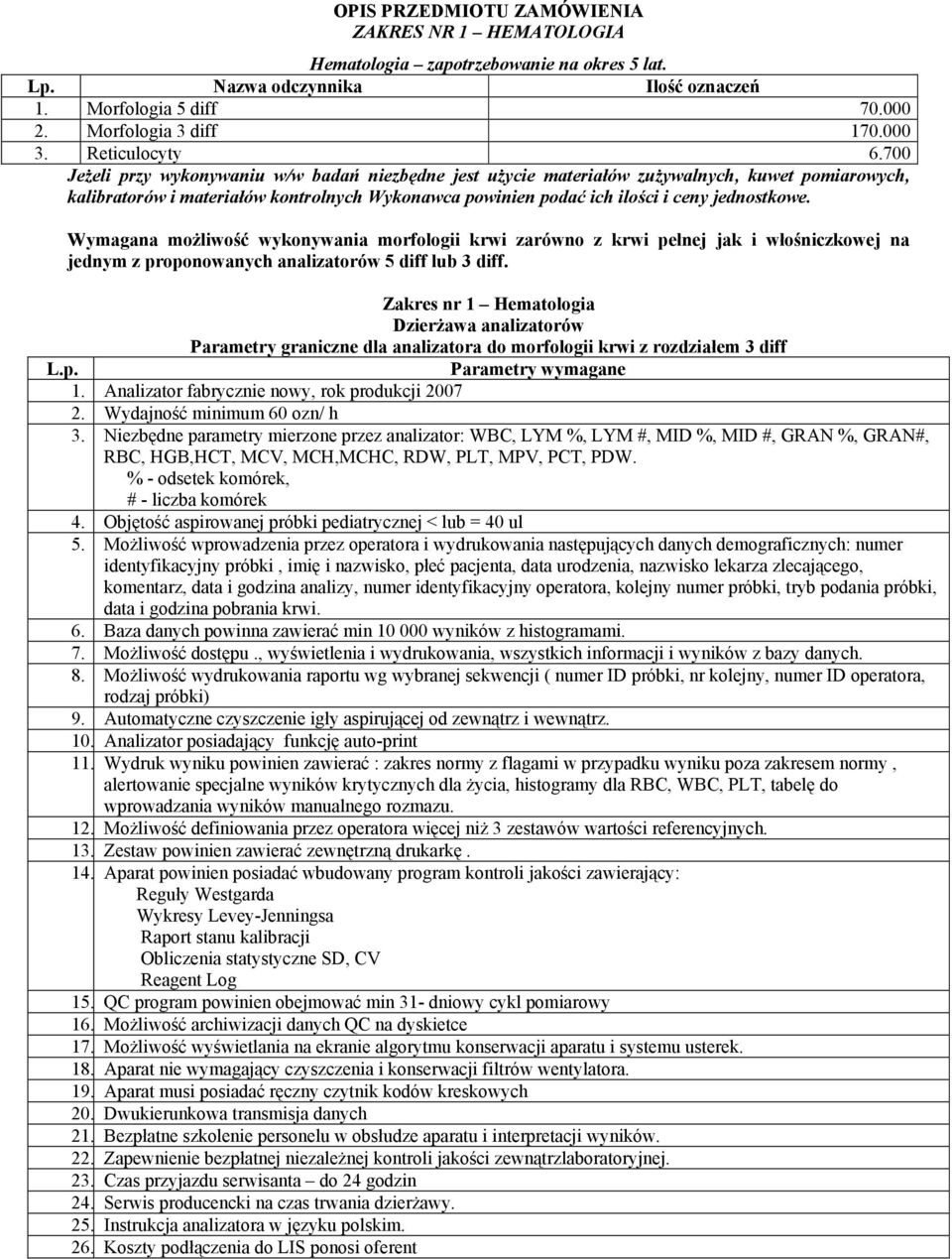 700 Jeżeli przy wykonywaniu w/w badań niezbędne jest użycie materiałów zużywalnych, kuwet pomiarowych, kalibratorów i materiałów kontrolnych Wykonawca powinien podać ich ilości i ceny jednostkowe.