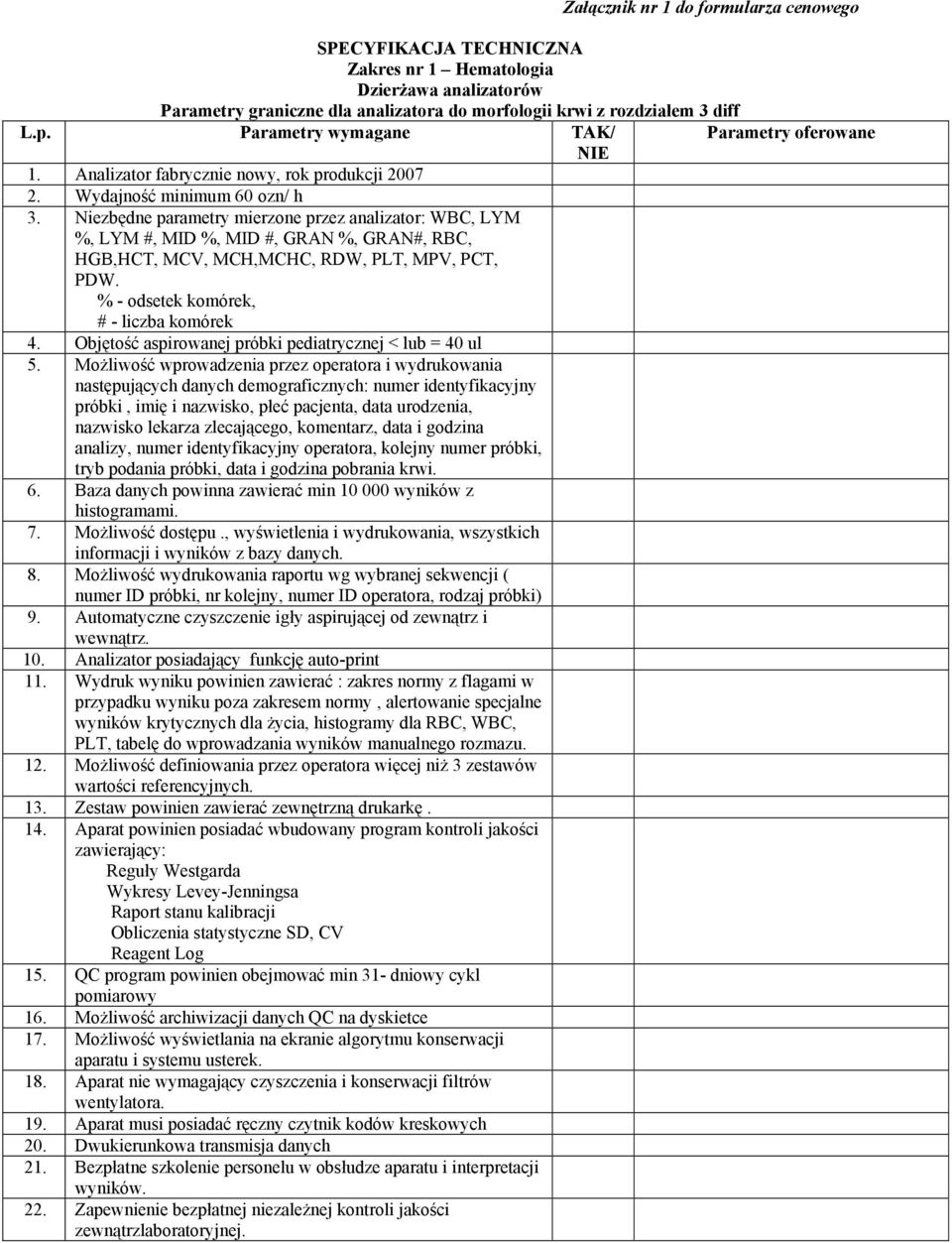 Niezbędne parametry mierzone przez analizator: WBC, LYM %, LYM #, MID %, MID #, GRAN %, GRAN#, RBC, HGB,HCT, MCV, MCH,MCHC, RDW, PLT, MPV, PCT, PDW. % - odsetek komórek, # - liczba komórek 4.