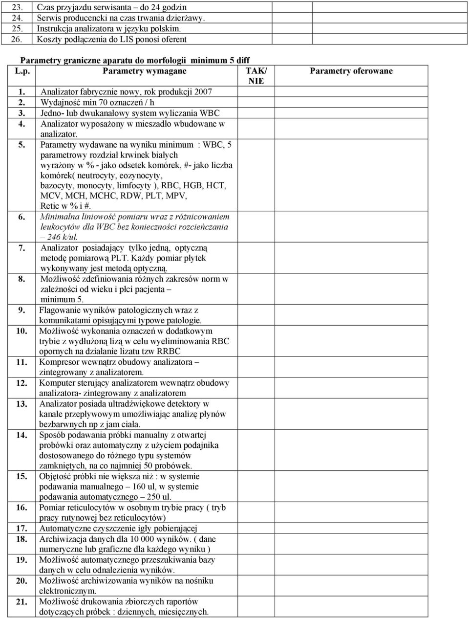 Wydajność min 70 oznaczeń / h 3. Jedno- lub dwukanałowy system wyliczania WBC 4. Analizator wyposażony w mieszadło wbudowane w analizator. 5.