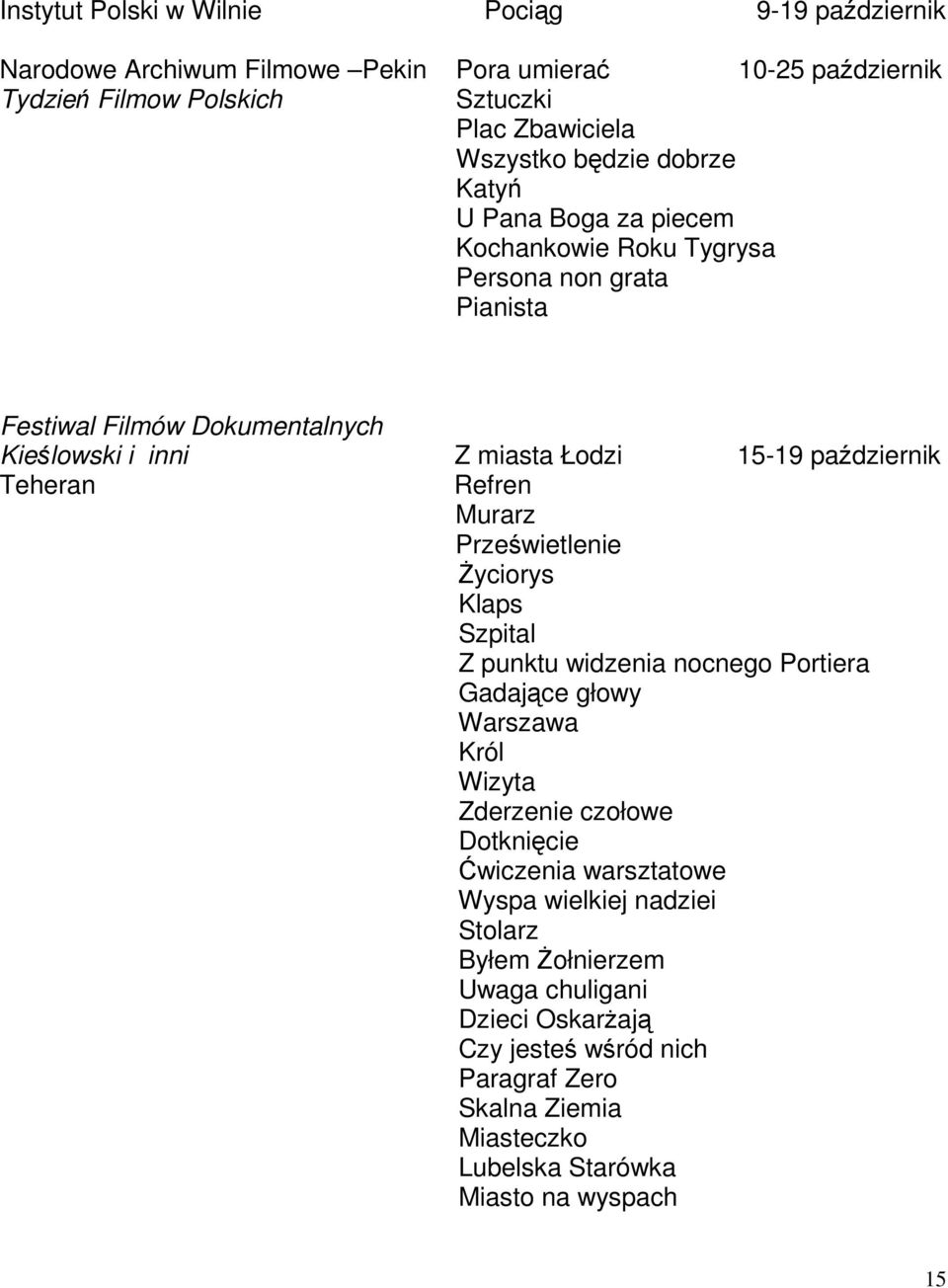 Refren Murarz Prześwietlenie śyciorys Klaps Szpital Z punktu widzenia nocnego Portiera Gadające głowy Warszawa Król Wizyta Zderzenie czołowe Dotknięcie Ćwiczenia warsztatowe