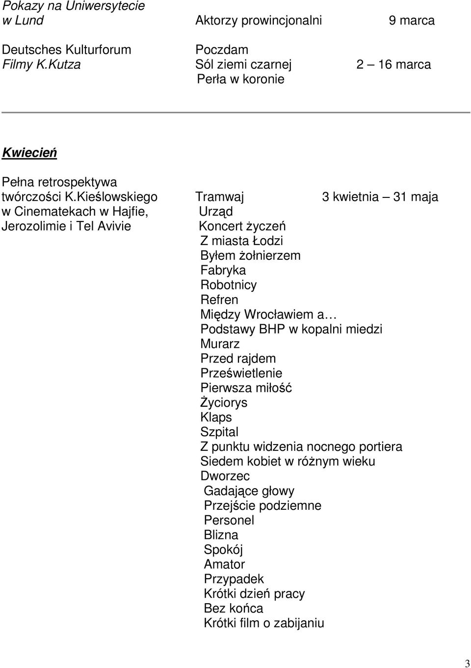 Kieślowskiego Tramwaj 3 kwietnia 31 maja w Cinematekach w Hajfie, Urząd Jerozolimie i Tel Avivie Koncert Ŝyczeń Z miasta Łodzi Byłem Ŝołnierzem Fabryka Robotnicy Refren