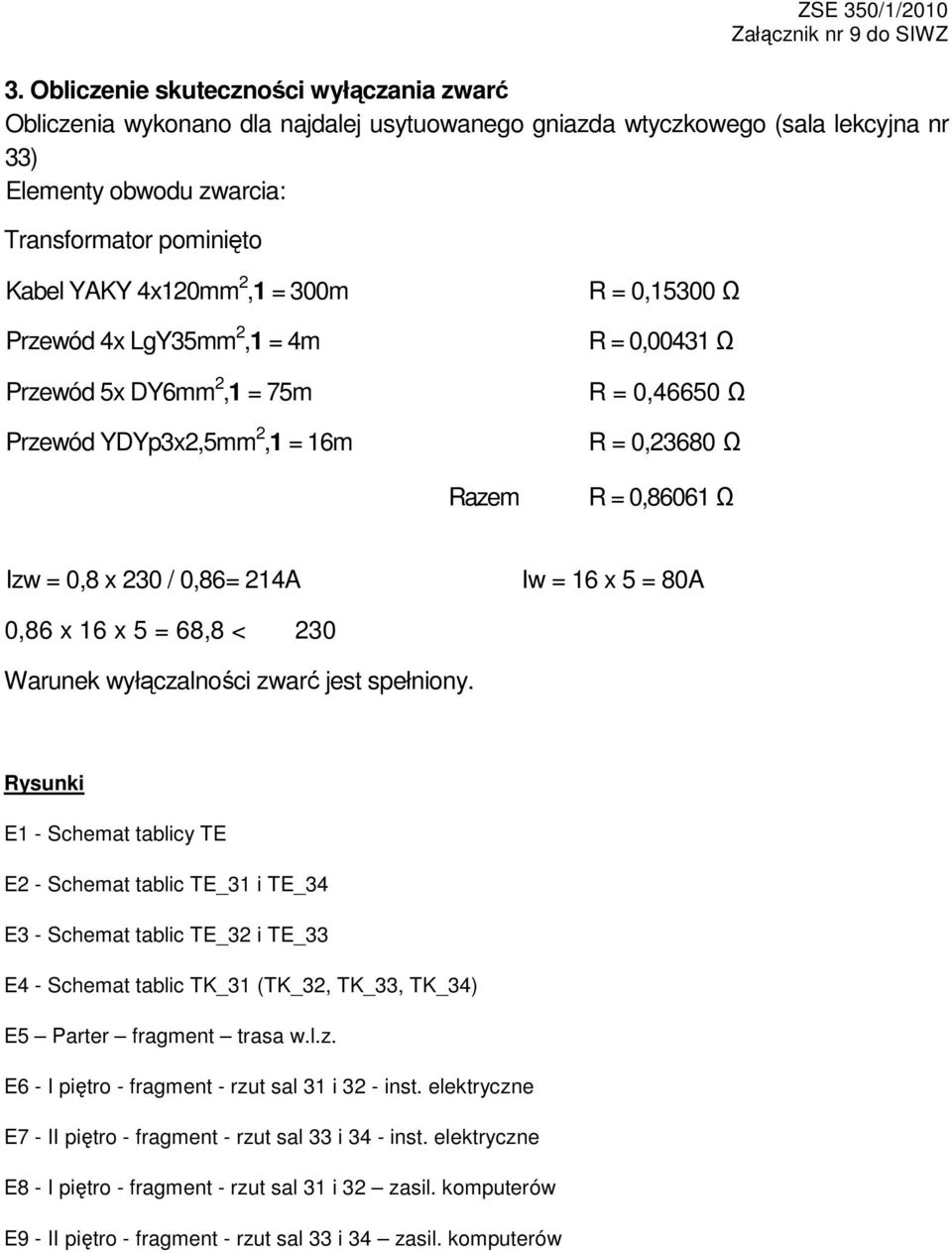 214A Iw = 16 x 5 = 80A 0,86 x 16 x 5 = 68,8 < 230 Warunek wyłączalności zwarć jest spełniony.