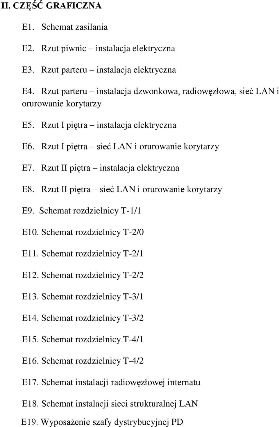 Rzut II piętra instalacja elektryczna E8. Rzut II piętra sieć LAN i orurowanie korytarzy E9. Schemat rozdzielnicy T-1/1 E10. Schemat rozdzielnicy T-2/0 E11. Schemat rozdzielnicy T-2/1 E12.