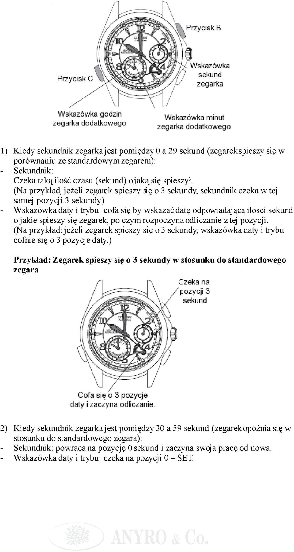 ) - Wskazówka daty i trybu: cofa się by wskazać datę odpowiadającą ilości sekund o jakie spieszy się zegarek, po czym rozpoczyna odliczanie z tej pozycji.