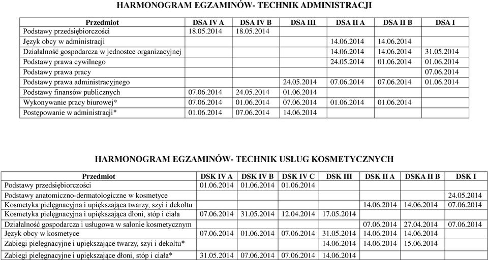 05.2014 07.06.2014 07.06.2014 01.06.2014 Podstawy finansów publicznych 07.06.2014 24.05.2014 01.06.2014 Wykonywanie pracy biurowej* 07.06.2014 01.06.2014 07.06.2014 01.06.2014 01.06.2014 Postępowanie w administracji* 01.