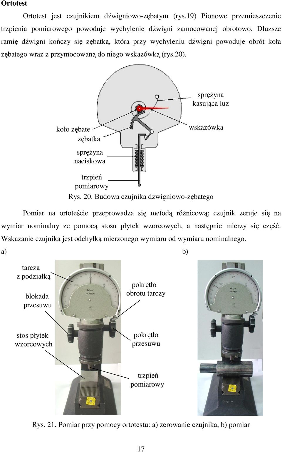 sprężyna kasująca luz koło zębate zębatka sprężyna naciskowa wskazówka trzpień pomiarowy Rys. 20.