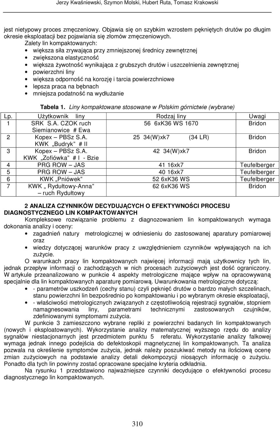 powierzchni liny większa odporność na korozję i tarcia powierzchniowe lepsza praca na bębnach mniejsza podatność na wydłuŝanie Tabela 1. Liny kompaktowane stosowane w Polskim górnictwie (wybrane) Lp.