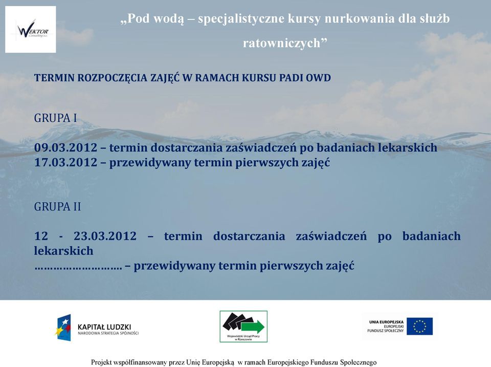 2012 przewidywany termin pierwszych zajęć GRUPA II 12-23.03.