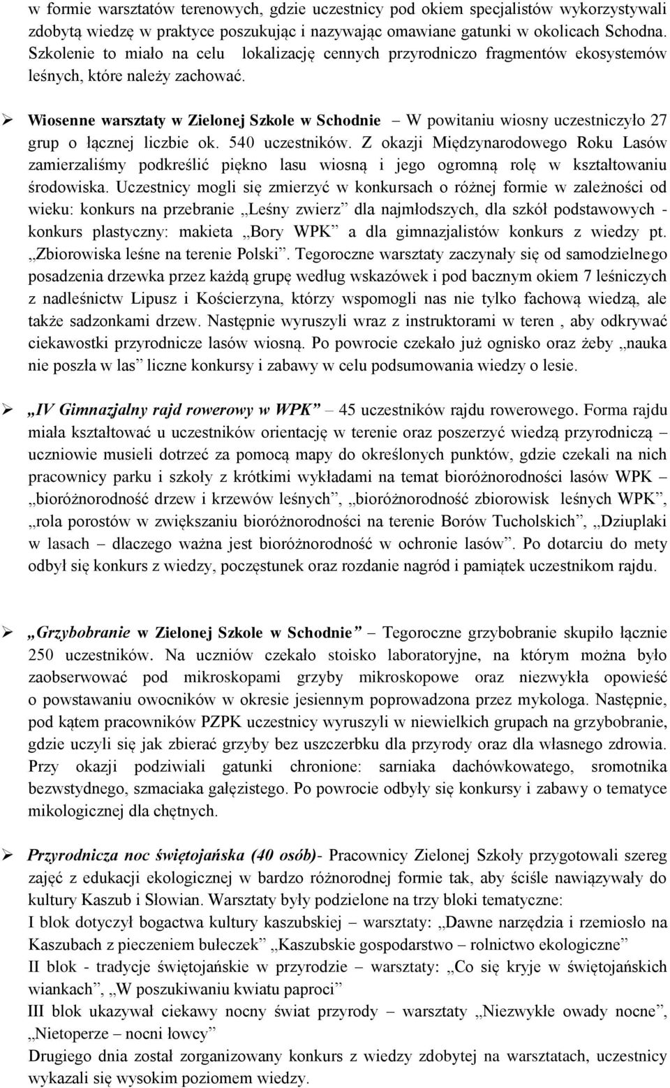 Wiosenne warsztaty w Zielonej Szkole w Schodnie W powitaniu wiosny uczestniczyło 27 grup o łącznej liczbie ok. 540 uczestników.