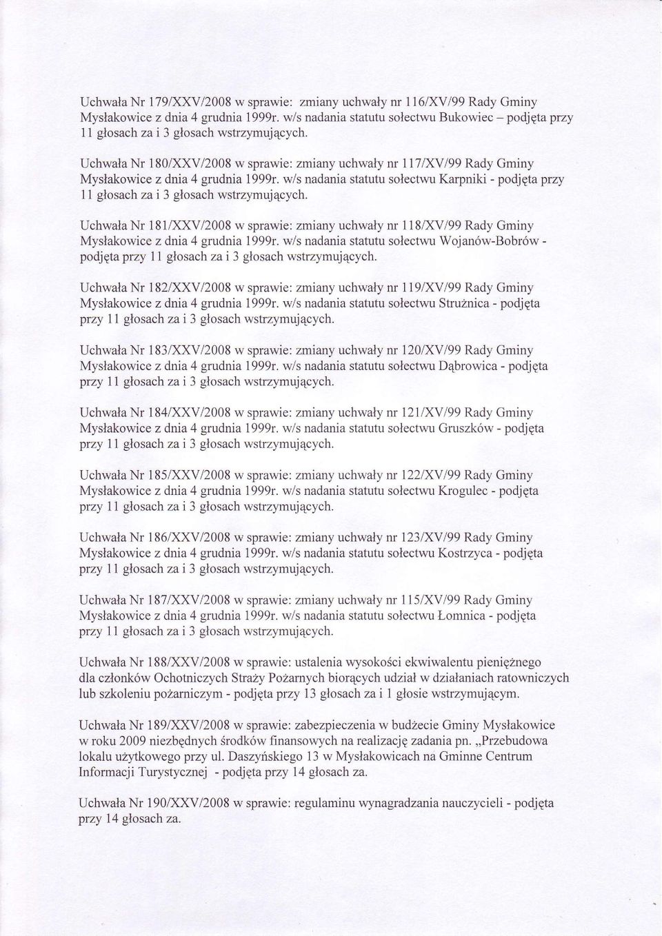Uchwala Nr 180,0(XVi2008 w sprawie: zmiany uchwaly nr 117 IXY 199 Rady Gminy Myslakowice z dnia 4 grudnia 1999r.