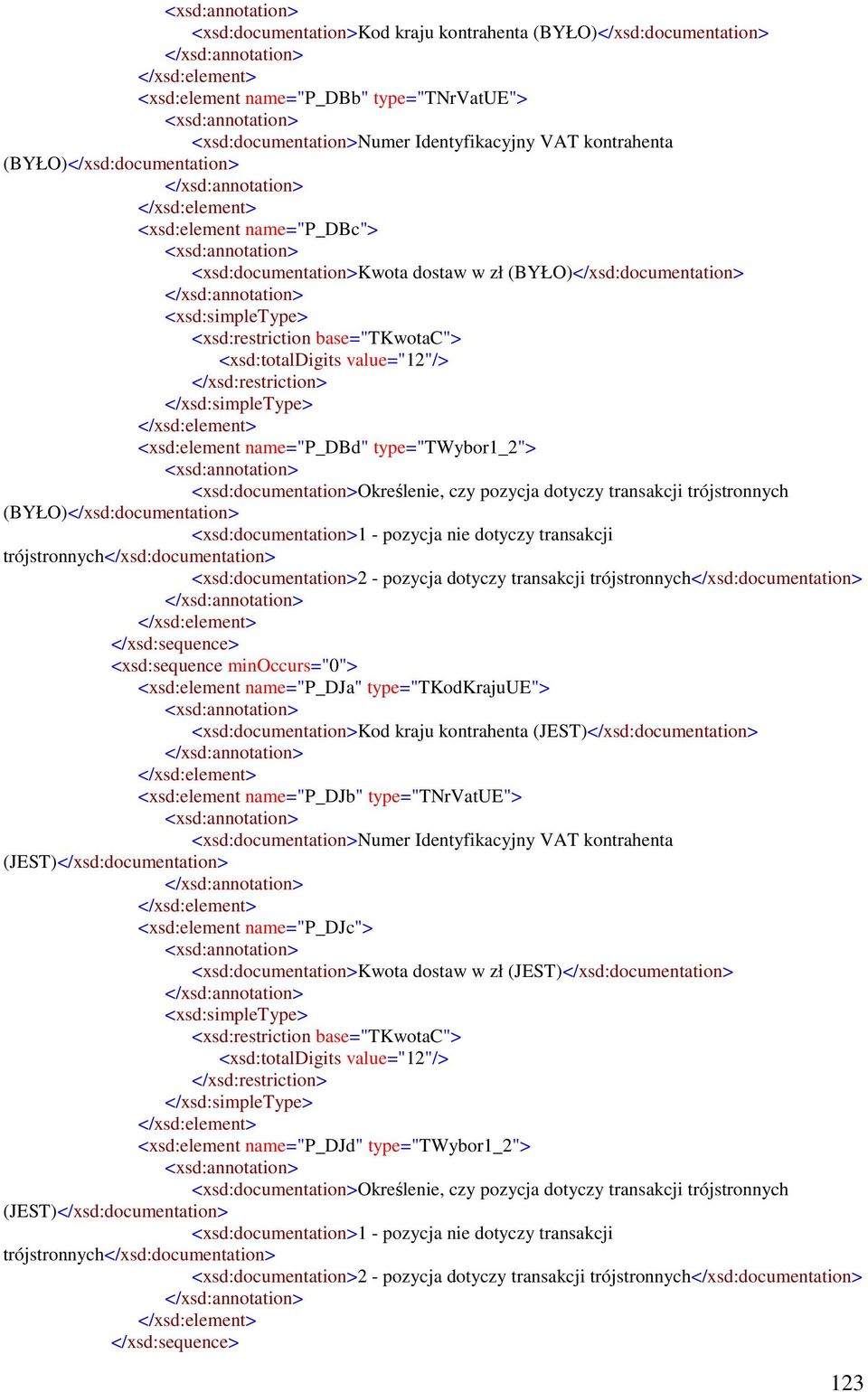 <xsd:element name="p_dja" type="tkodkrajuue"> <xsd:documentation>kod kraju kontrahenta <xsd:element name="p_djb" type="tnrvatue">