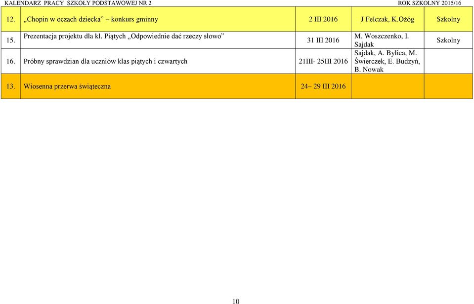 Próbny sprawdzian dla uczniów klas piątych i czwartych 21III- 25III 2016 13.