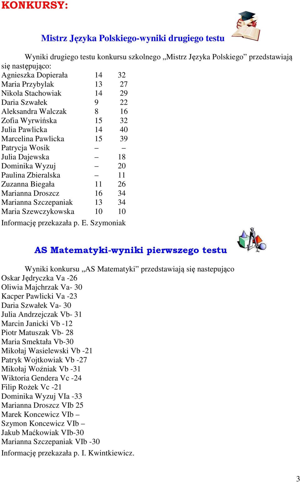 Zbieralska 11 Zuzanna Biegała 11 26 Marianna Droszcz 16 34 Marianna Szczepaniak 13 34 Maria Szewczykowska 10 10 Informację przekazała p. E.