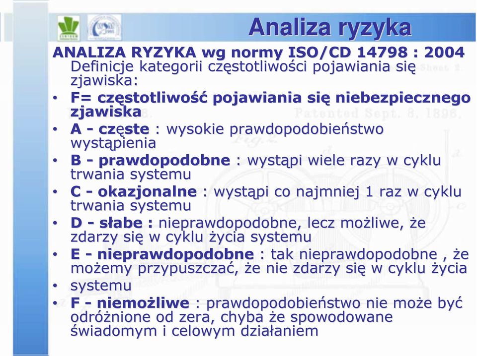 cyklu trwania systemu D - słabe : nieprawdopodobne, lecz możliwe liwe, że zdarzy się w cyklu życia systemu E - nieprawdopodobne : tak nieprawdopodobne, że możemy