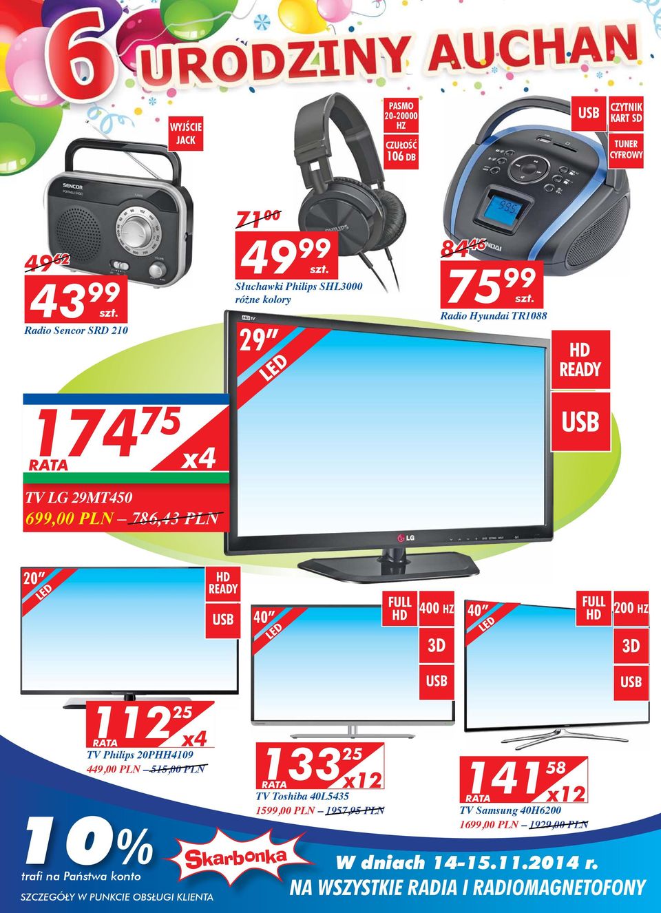 LED FULL HD 400 HZ 3D 40 LED FULL HD 200 HZ 3D USB USB 112 25 x4 TV Philips 20PHH4109 449,00 PLN 515,00 PLN 10% 133 25 x12 TV Toshiba 40L5435