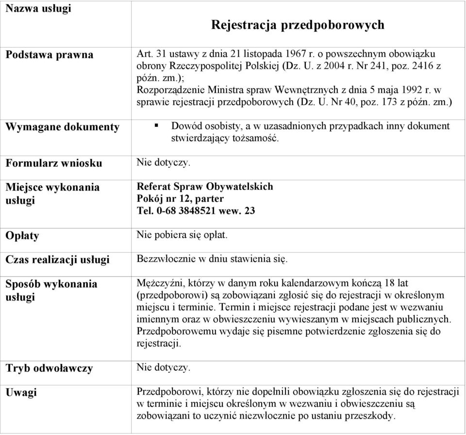 ) Wymagane dokumenty Dowód osobisty, a w uzasadnionych przypadkach inny dokument stwierdzający tożsamość. Opłaty Czas realizacji Nie dotyczy. Referat Spraw Obywatelskich Pokój nr 12, parter Tel.