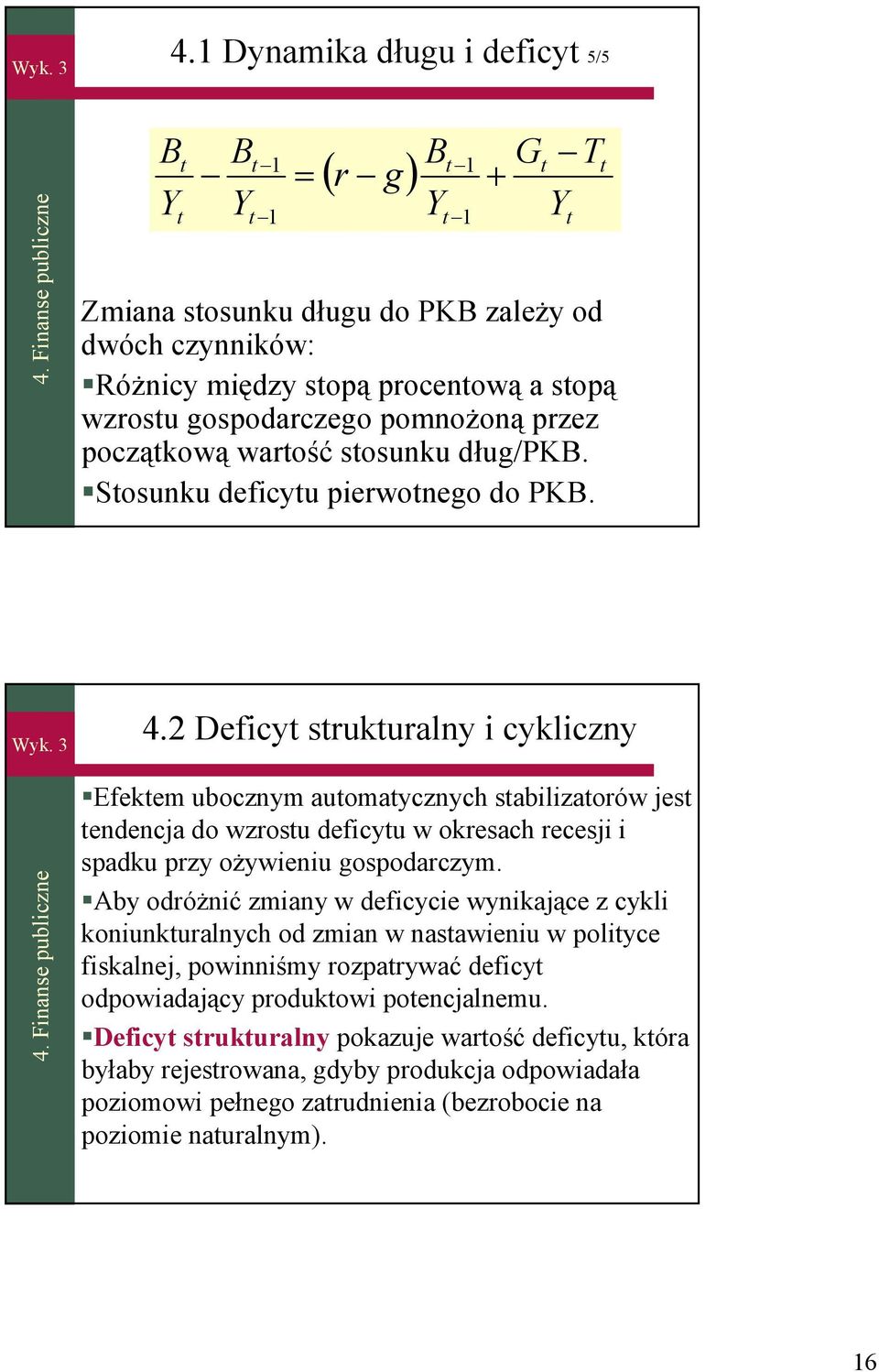 2 Deficy srukuralny i cykliczny Efekem ubocznym auomaycznych sabilizaorów jes endencja do wzrosu deficyu w okresach recesji i spadku przy ożywieniu gospodarczym.