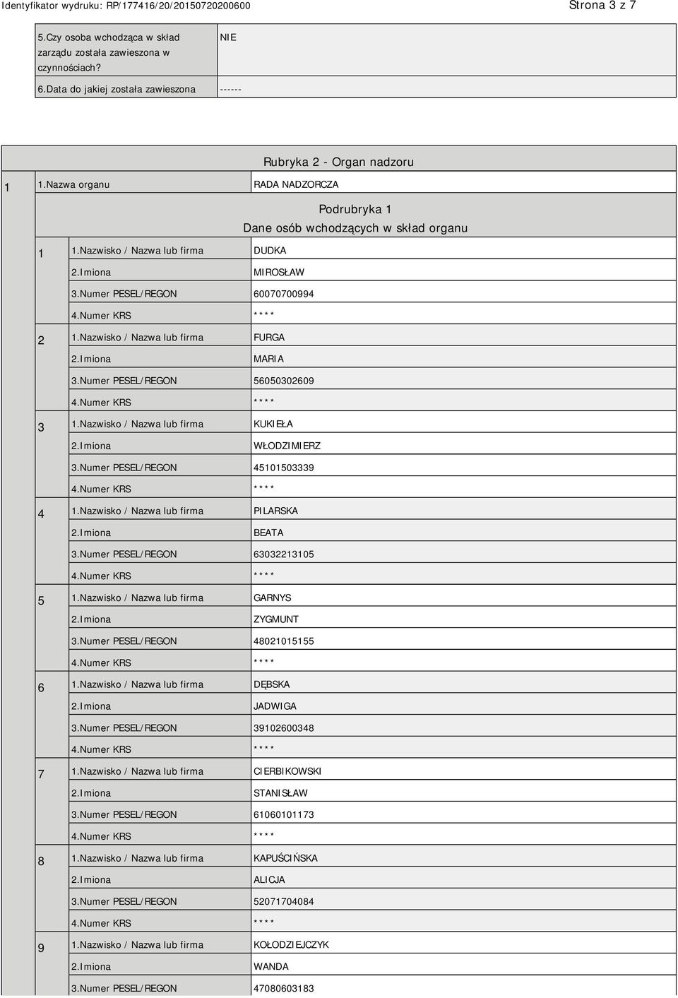 Nazwisko / Nazwa lub firma FURGA MARIA 3.Numer PESEL/REGON 56050302609 3 1.Nazwisko / Nazwa lub firma KUKIEŁA WŁODZIMIERZ 3.Numer PESEL/REGON 45101503339 4 1.