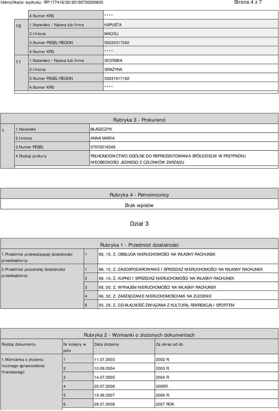 Rodzaj prokury PEŁNOMOCNICTWO OGÓLNE DO REPREZENTOWANIA SPÓŁDZIELNI W PRZYPADKU NIEOBECNOŚCI JEDNEGO Z CZŁONKÓW ZARZĄDU Rubryka 4 - Pełnomocnicy Dział 3 Rubryka 1 - Przedmiot działalności 1.