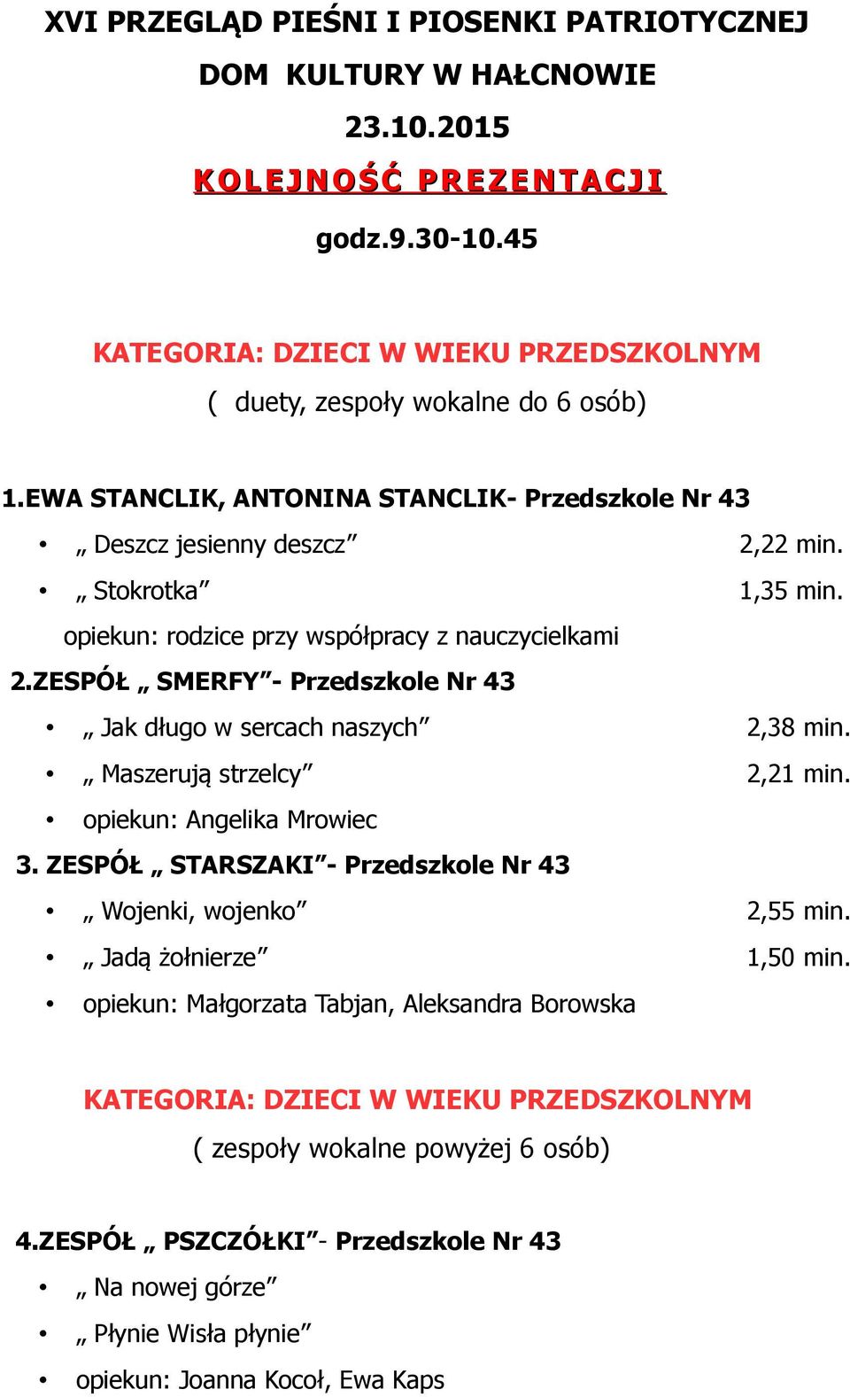 opiekun: rodzice przy współpracy z nauczycielkami 2.ZESPÓŁ SMERFY - Przedszkole Nr 43 Jak długo w sercach naszych 2,38 min. Maszerują strzelcy 2,21 min. opiekun: Angelika Mrowiec 3.