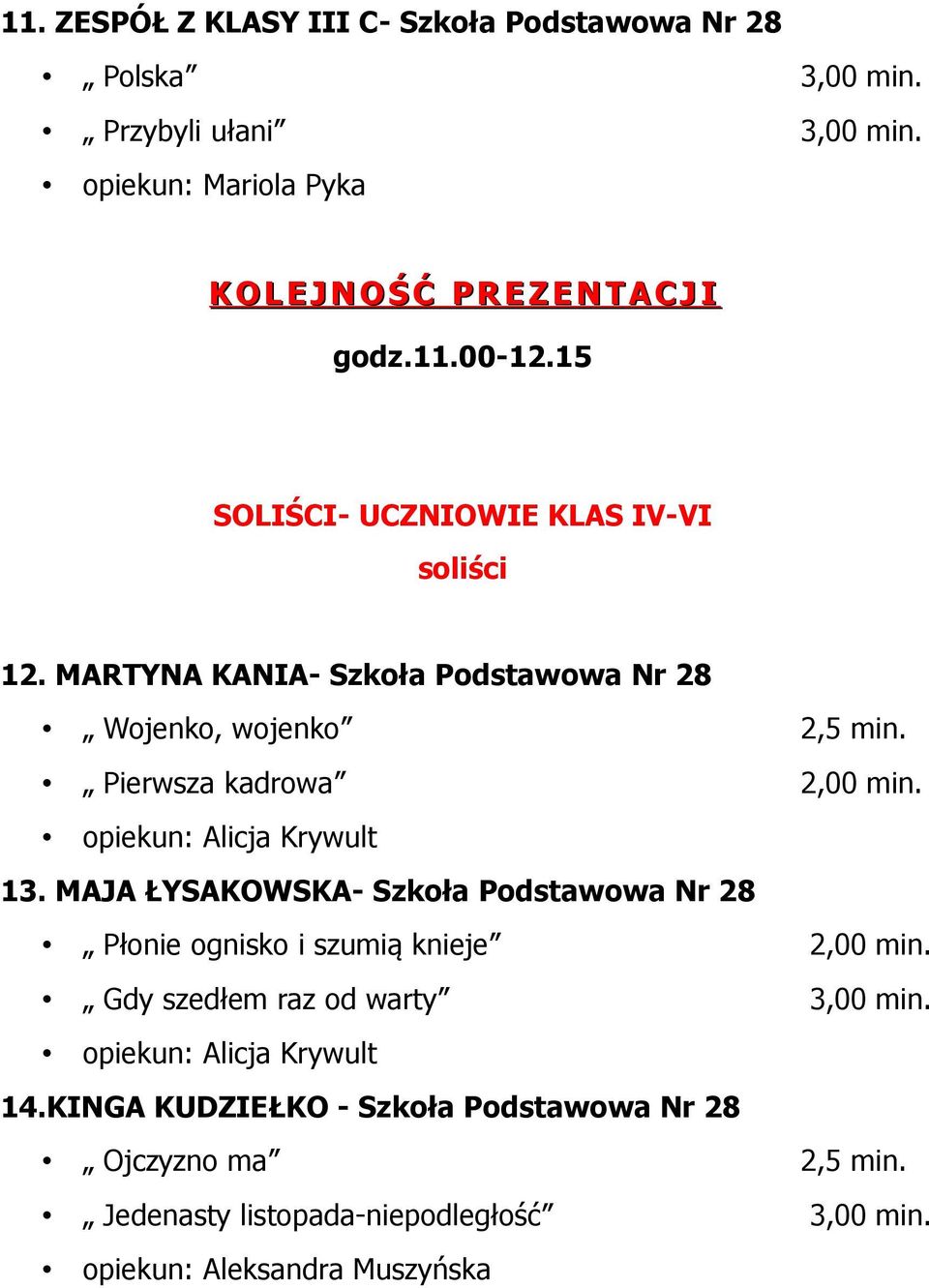 MARTYNA KANIA- Szkoła Podstawowa Nr 28 Wojenko, wojenko 2,5 min. Pierwsza kadrowa 2,00 min. opiekun: Alicja Krywult 13.