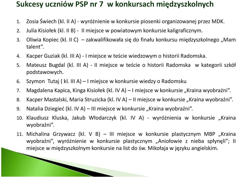 III A) - II miejsce w teście o historii Radomska w kategorii szkół podstawowych. 6. Szymon Tutaj(kl.IIIA) ImiejscewkonkursiewiedzyoRadomsku 7. Magdalena Kapica, Kinga Kisiołek(kl.